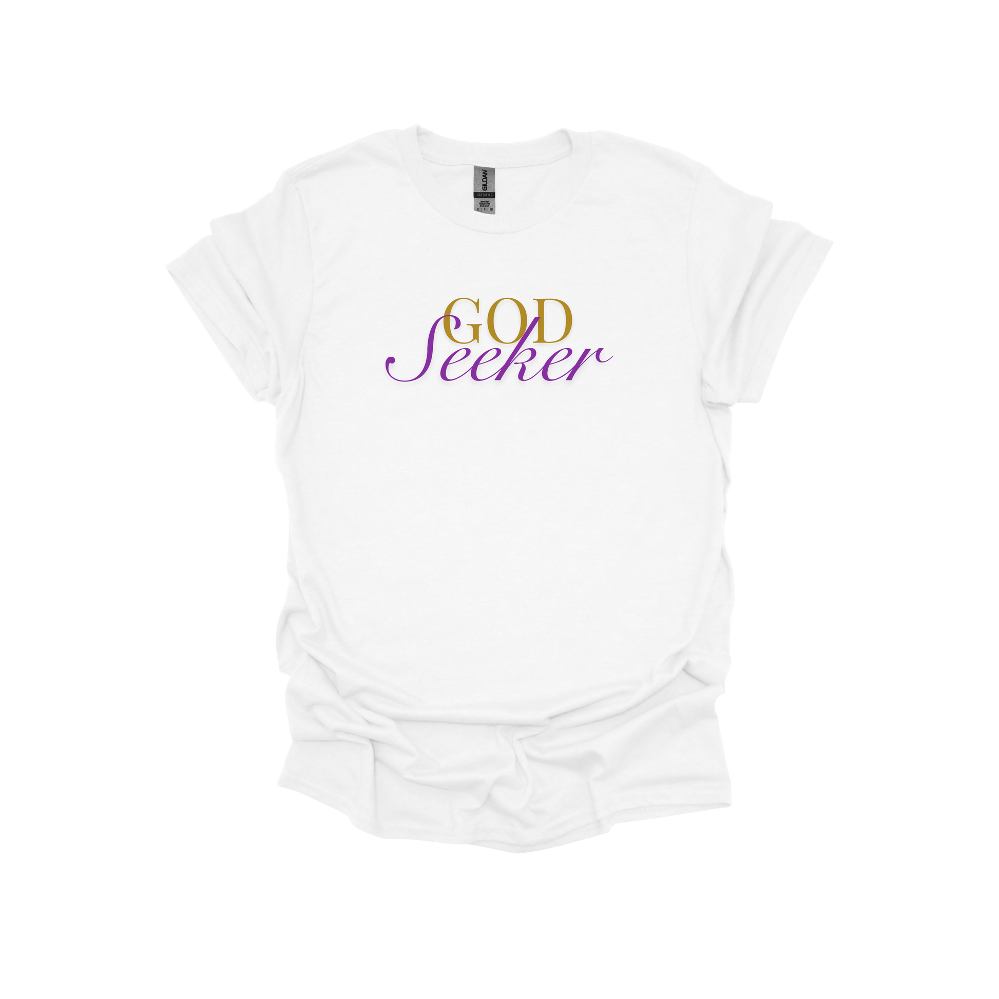 White t-shirt with 'God Seeker' text on a white background