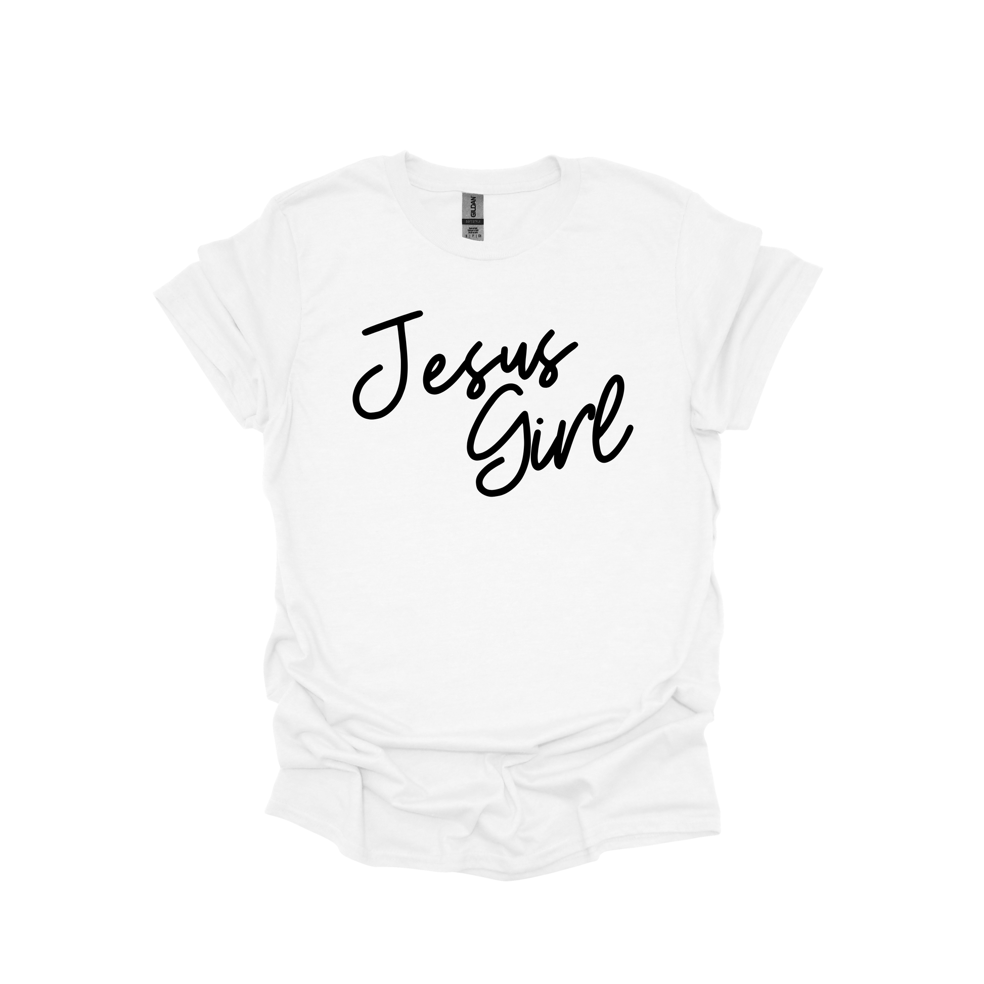 White t-shirt with 'Jesus Girl' text on a white background