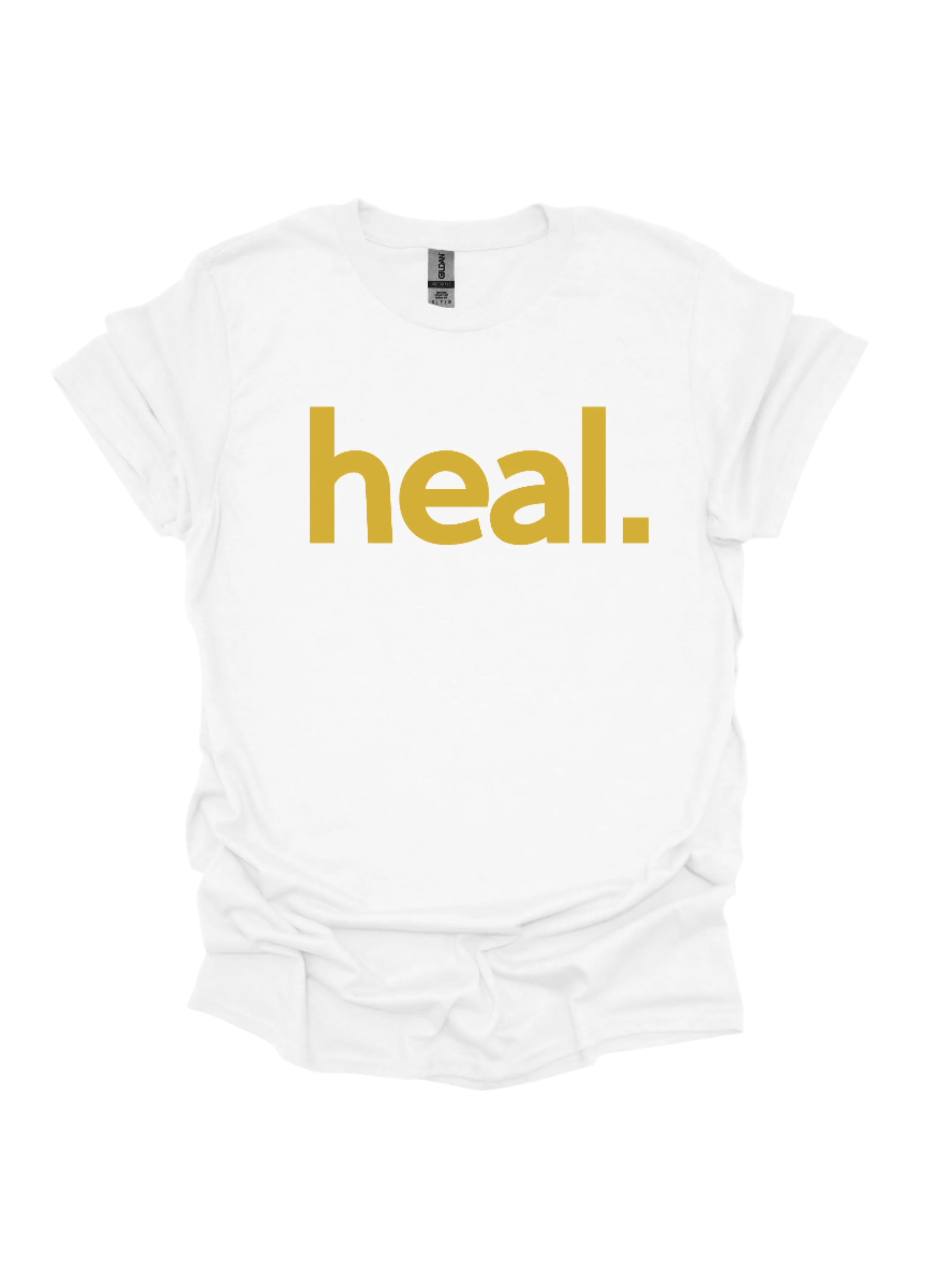 White t-shirt with 'heal.' printed in yellow on a white background