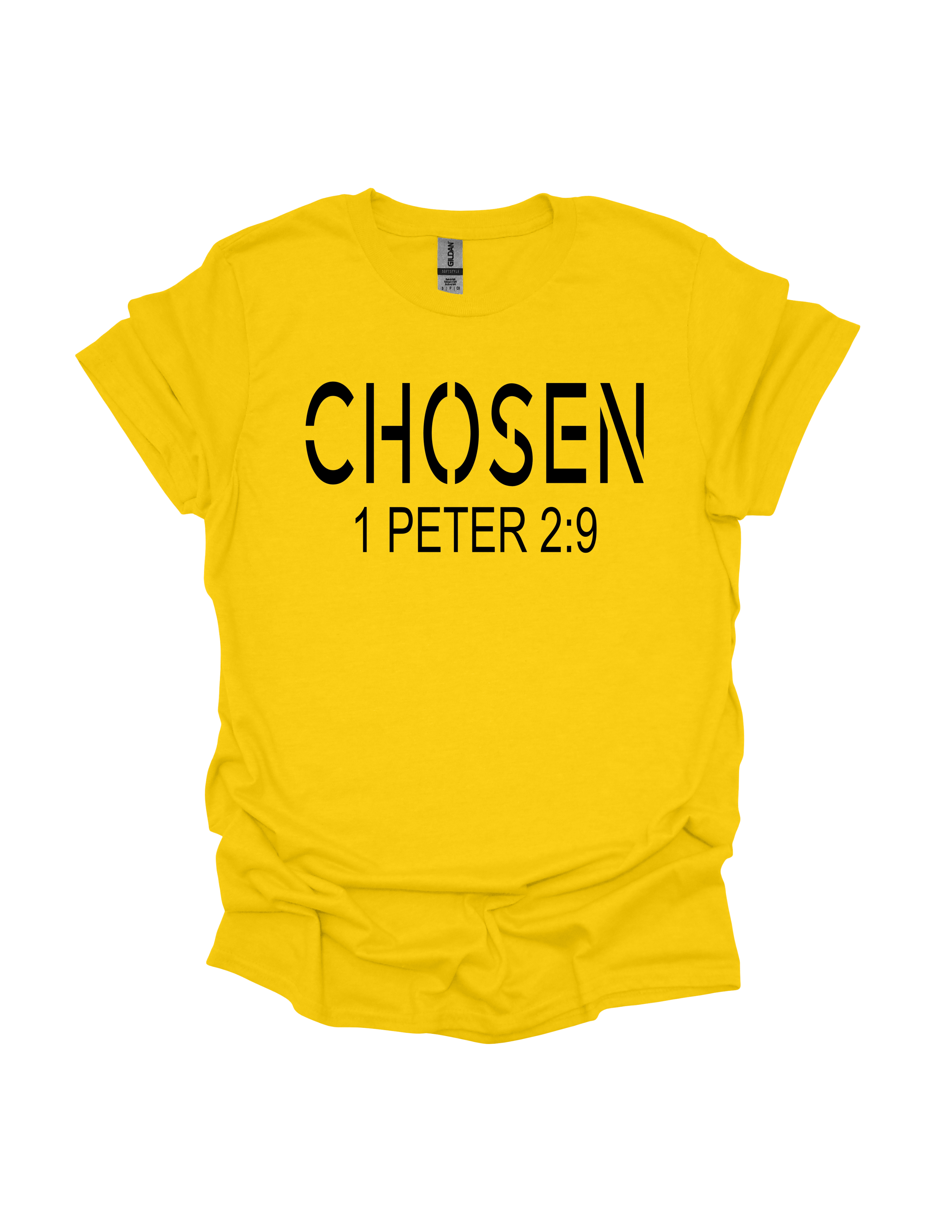 Chosen 1 Peter 2:9 Christian t-shirt in yellow with black text - faith-based inspirational apparel