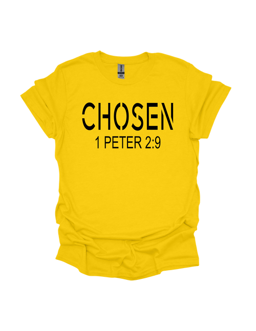 Chosen 1 Peter 2:9 Christian t-shirt in yellow with black text - faith-based inspirational apparel
