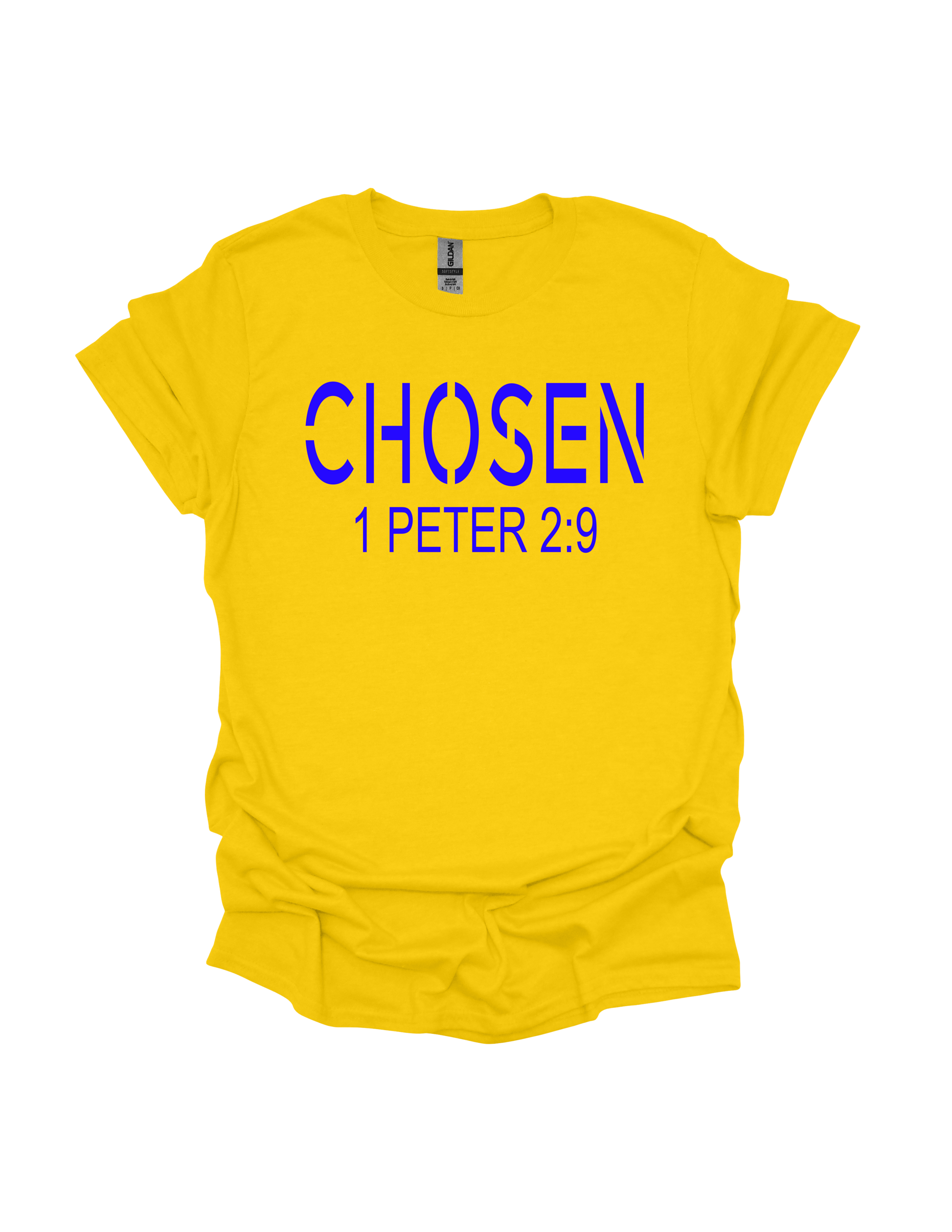 Yellow t-shirt with 'CHosen 1 Peter 2:9' text in blue on a white background