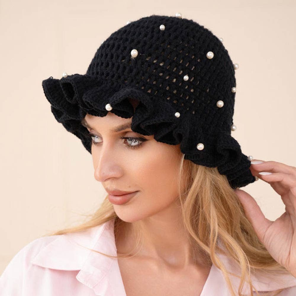 Pearl Embellished Chunky Crochet Bucket Hat