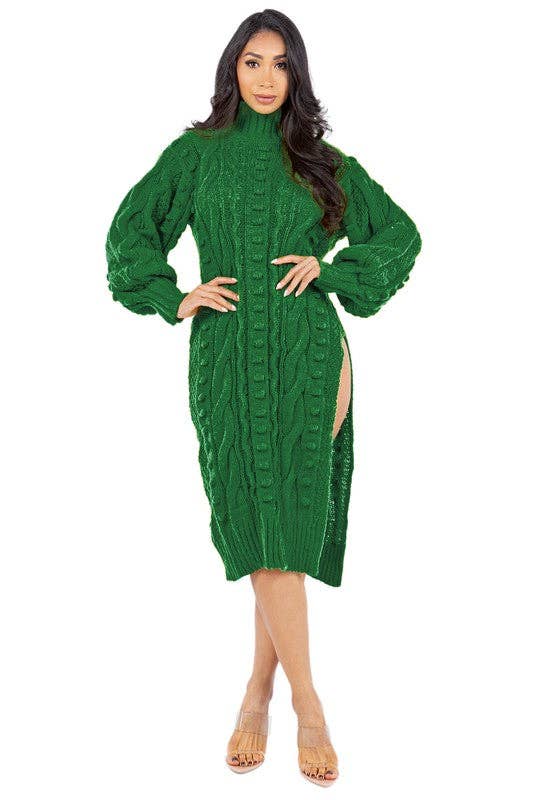 Emerald Green Cable Knit Midi Sweater Dress