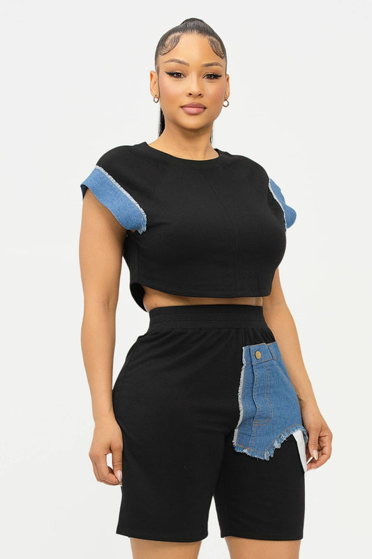 Color Block Denim Sleeve Top And Biker Shorts Set
