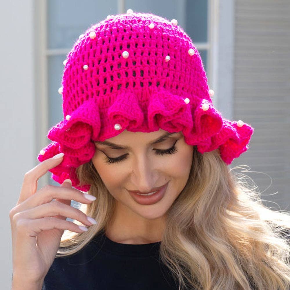 Pearl Embellished Chunky Crochet Bucket Hat