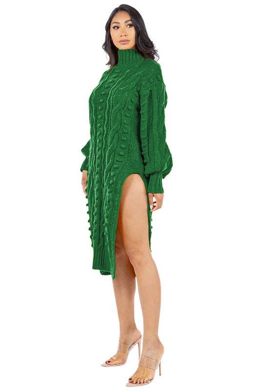 Emerald Green Cable Knit Midi Sweater Dress