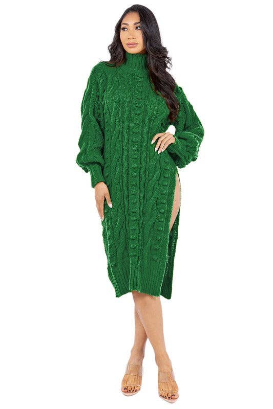Emerald Green Cable Knit Midi Sweater Dress